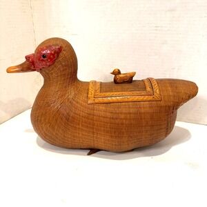 Mid Century SHANGHAI HANDICRAFTS WICKER & CARVED WOOD BASKETRY Basket BOX DUCK